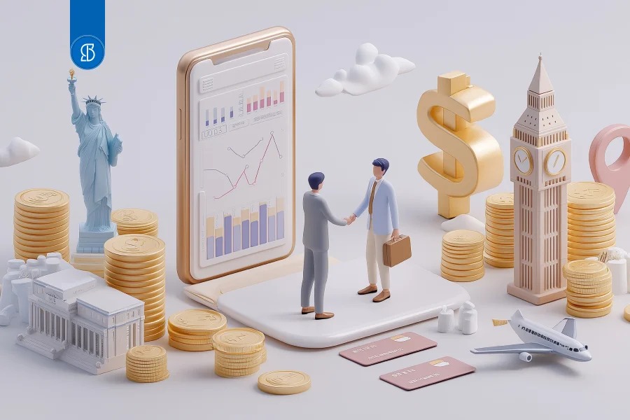Ilustração de dois executivos apertando as mãos entre pilhas de moedas e um celular com gráficos