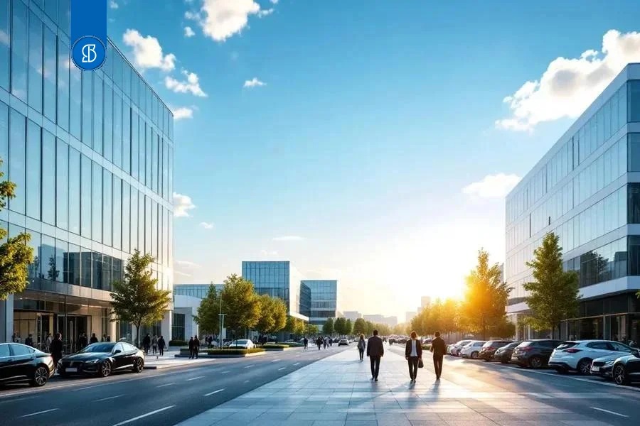 Avenida larga entre prédios comerciais envidraçados, com pessoas caminhando ao entardecer