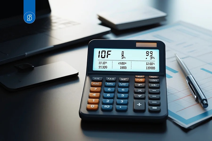 Calculadora sobre a mesa exibindo números, ao lado de relatórios com gráficos e uma caneta