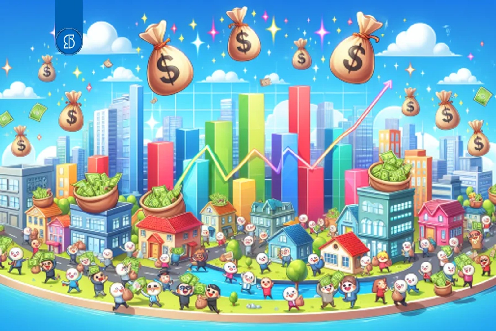 Ilustração colorida de um bairro com gráfico de barras ao fundo e sacos de dinheiro caindo sobre as casas