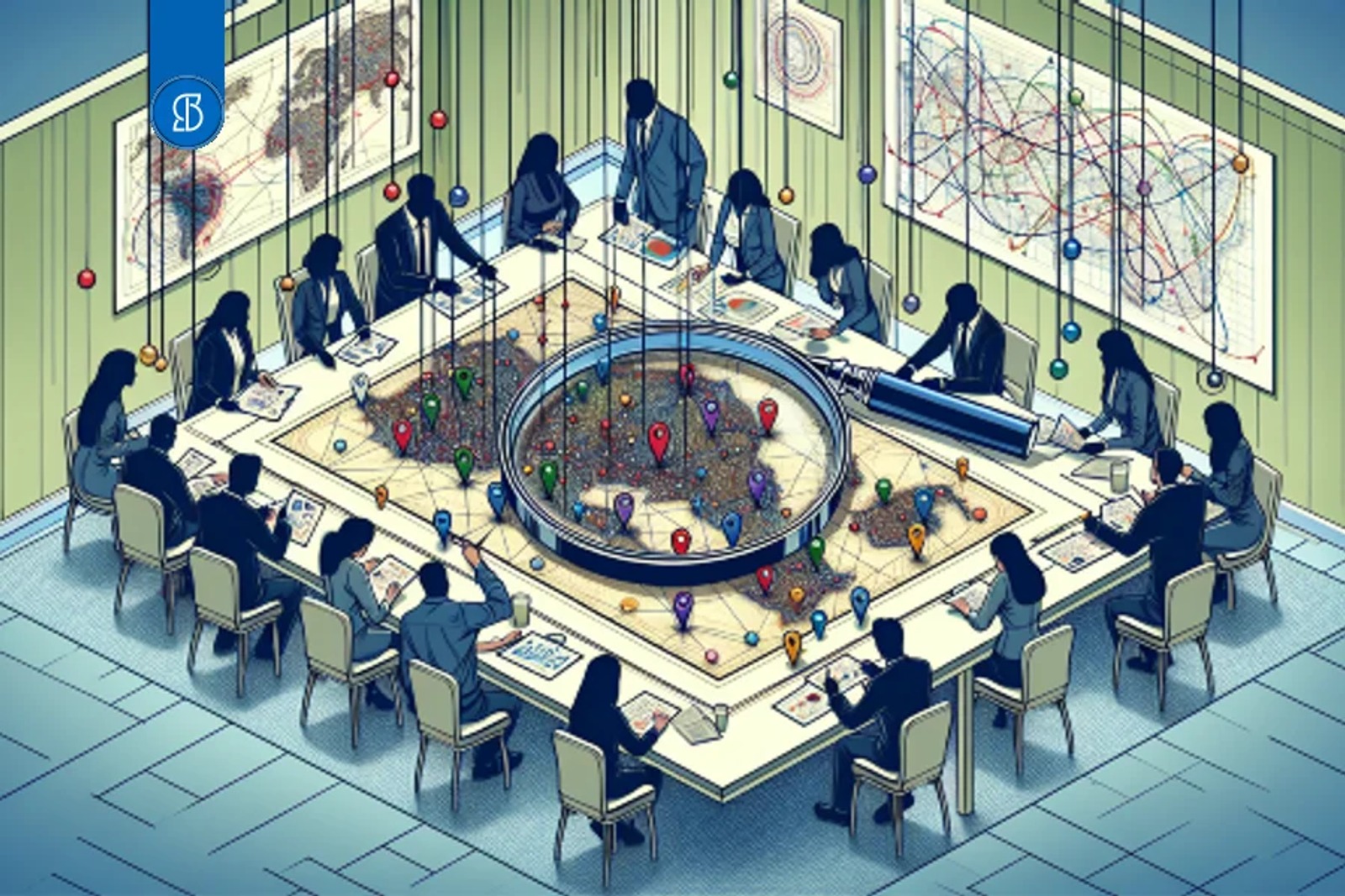 Ilustração de pessoas em volta de uma mesa com um mapa e uma lupa ampliando marcadores de localização