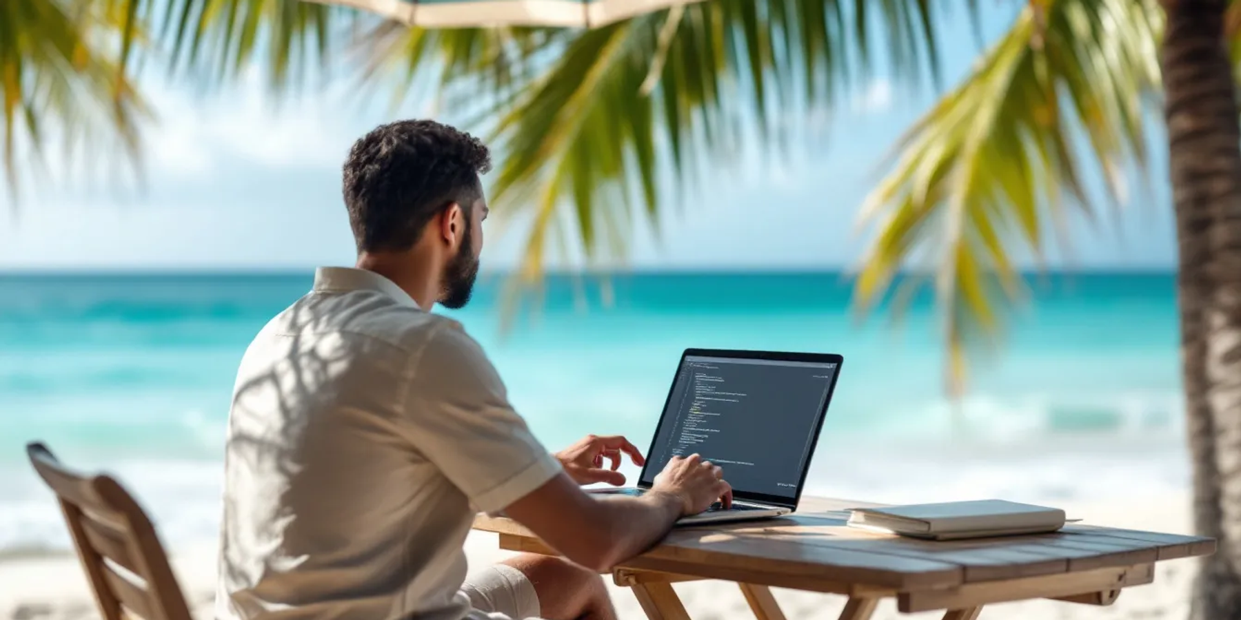 Um profissional está trabalhando em um laptop em um ambiente de escritório virtual, com uma vista deslumbrante para o oceano em uma praia tropical. A cena transmite a liberdade e a produtividade dos nômades digitais, que podem gerenciar seus negócios em qualquer lugar do mundo.