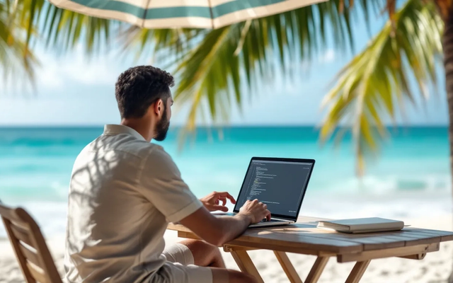 Um profissional está trabalhando em um laptop em um ambiente de escritório virtual, com uma vista deslumbrante para o oceano em uma praia tropical. A cena transmite a liberdade e a produtividade dos nômades digitais, que podem gerenciar seus negócios em qualquer lugar do mundo.