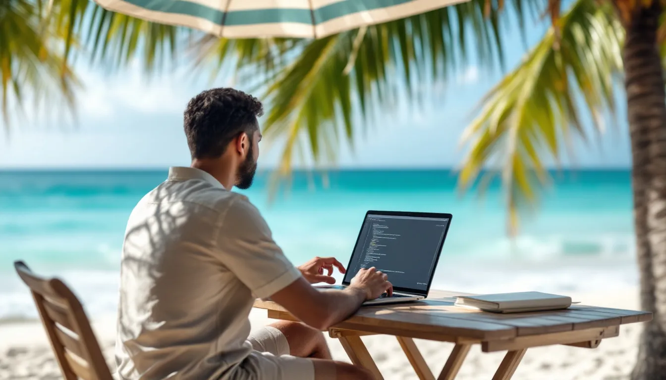 Um profissional está trabalhando em um laptop em um ambiente de escritório virtual, com uma vista deslumbrante para o oceano em uma praia tropical. A cena transmite a liberdade e a produtividade dos nômades digitais, que podem gerenciar seus negócios em qualquer lugar do mundo.
