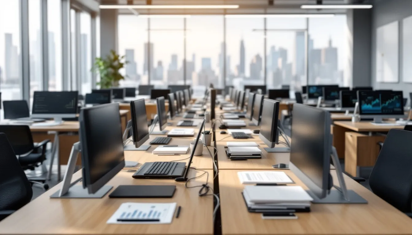 Um escritório moderno apresenta computadores e documentos organizados, simbolizando a gestão tecnológica eficiente em uma holding patrimonial. O ambiente reflete um planejamento estratégico voltado para a administração de bens e a proteção do patrimônio, essencial para pessoas físicas e jurídicas.