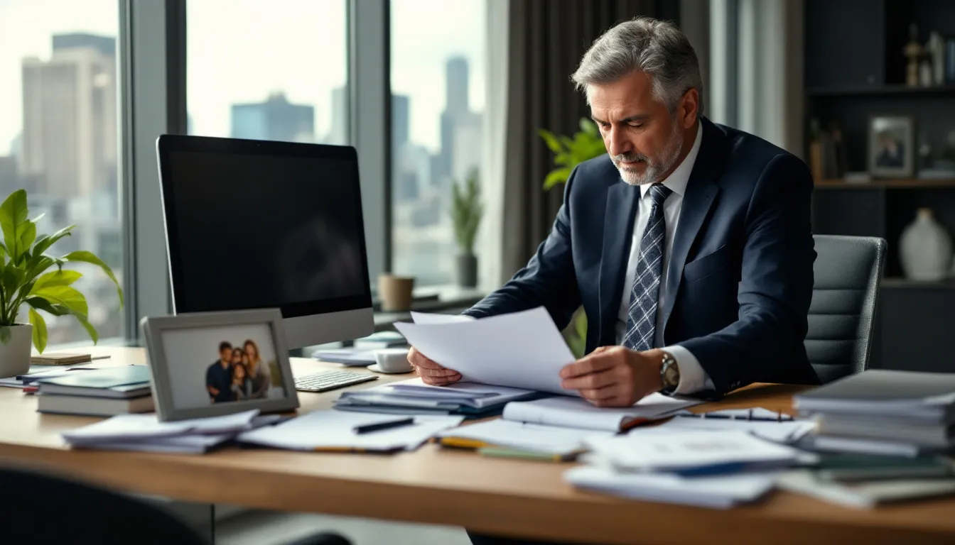 Um empresário está organizando documentos em uma mesa de escritório, preparando-se para o processo de encerramento de sua empresa. Os documentos incluem o distrato social e certidão negativa de débito, essenciais para a baixa do CNPJ e finalização das atividades da pessoa jurídica.