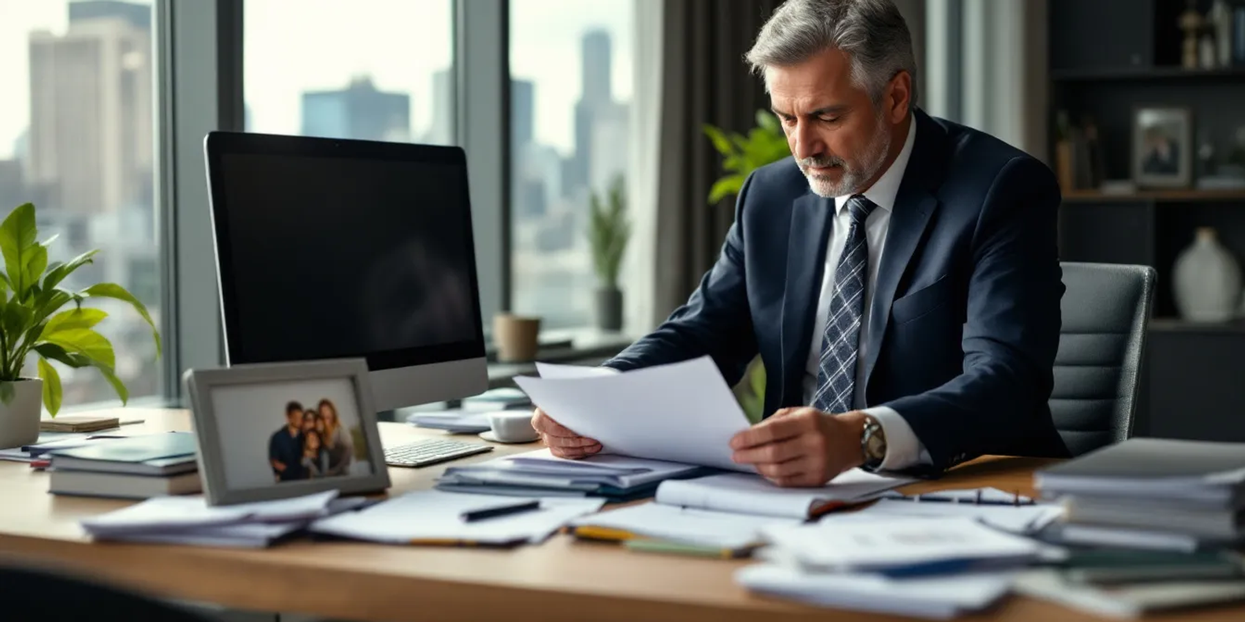 Um empresário está organizando documentos em uma mesa de escritório, preparando-se para o processo de encerramento de sua empresa. Os documentos incluem o distrato social e certidão negativa de débito, essenciais para a baixa do CNPJ e finalização das atividades da pessoa jurídica.