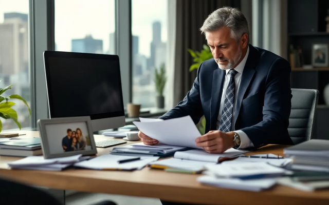 Um empresário está organizando documentos em uma mesa de escritório, preparando-se para o processo de encerramento de sua empresa. Os documentos incluem o distrato social e certidão negativa de débito, essenciais para a baixa do CNPJ e finalização das atividades da pessoa jurídica.