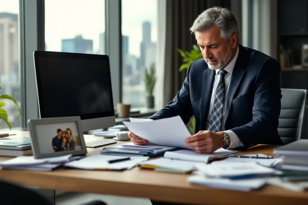 Um empresário está organizando documentos em uma mesa de escritório, preparando-se para o processo de encerramento de sua empresa. Os documentos incluem o distrato social e certidão negativa de débito, essenciais para a baixa do CNPJ e finalização das atividades da pessoa jurídica.