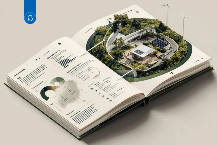 Livro aberto de portfólio com a maquete de uma casa cercada de verde saindo da página