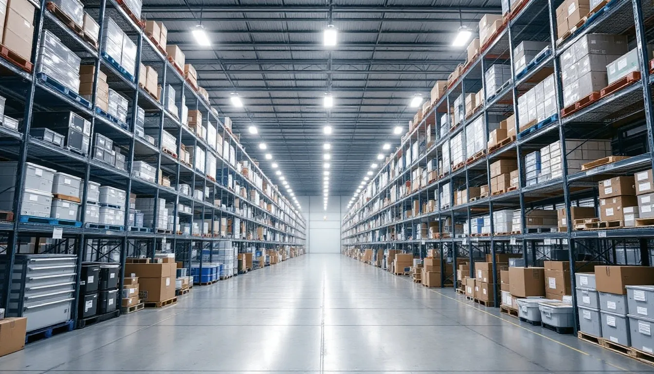 Imagem do interior de um armazém com prateleiras organizadas, exibindo um estoque variado de produtos armazenados de forma sistemática. O espaço reflete uma gestão eficiente, ideal para empresas que buscam controle e otimização em suas operações de e-commerce e logística.