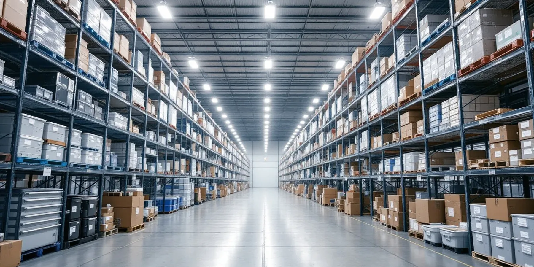 Imagem do interior de um armazém com prateleiras organizadas, exibindo um estoque variado de produtos armazenados de forma sistemática. O espaço reflete uma gestão eficiente, ideal para empresas que buscam controle e otimização em suas operações de e-commerce e logística.
