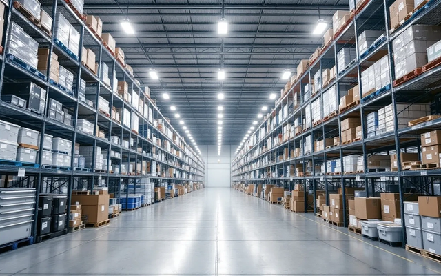 Imagem do interior de um armazém com prateleiras organizadas, exibindo um estoque variado de produtos armazenados de forma sistemática. O espaço reflete uma gestão eficiente, ideal para empresas que buscam controle e otimização em suas operações de e-commerce e logística.