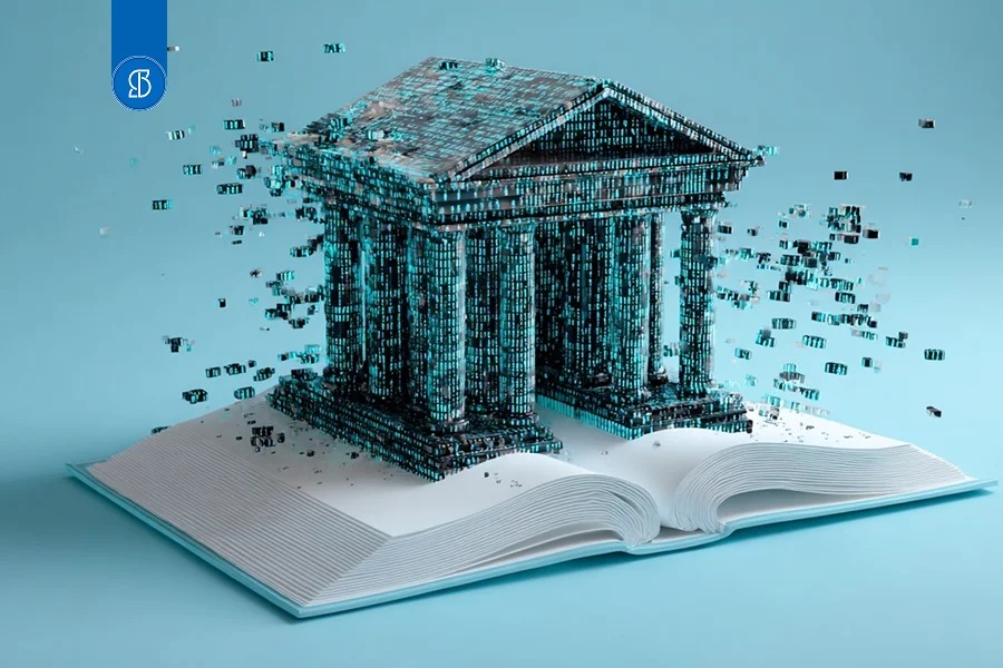 Fachada de banco formada por blocos digitais saindo de um livro aberto
