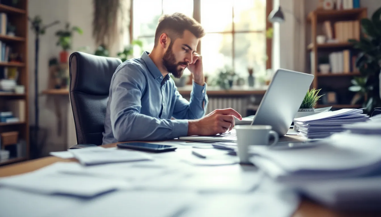 A imagem mostra um profissional trabalhando remotamente, cercado por múltiplos dispositivos como laptop e tablet, além de documentos organizados em uma mesa. Esse ambiente reflete o estilo de vida de um nômade digital, que busca liberdade e flexibilidade em sua carreira enquanto gerencia suas obrigações fiscais e negócios.