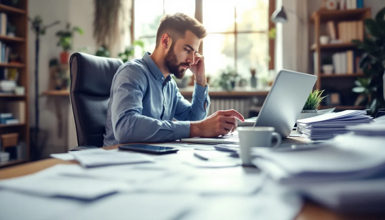 A imagem mostra um profissional trabalhando remotamente, cercado por múltiplos dispositivos como laptop e tablet, além de documentos organizados em uma mesa. Esse ambiente reflete o estilo de vida de um nômade digital, que busca liberdade e flexibilidade em sua carreira enquanto gerencia suas obrigações fiscais e negócios.