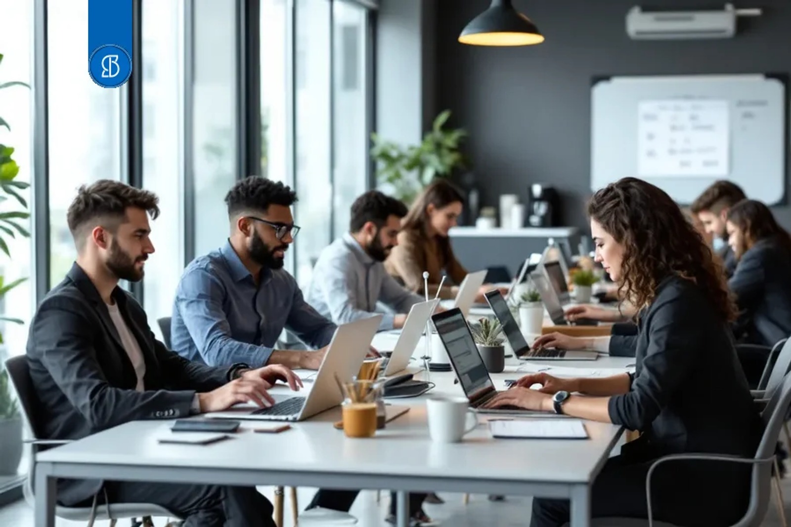 Profissionais de nacionalidades diferentes trabalhando lado a lado em mesas compartilhadas de um coworking envidraçado