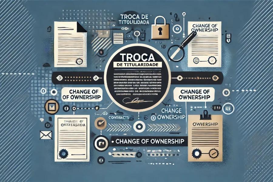 Diagrama com documentos, cadeado e lupas em torno do título Troca de Titularidade