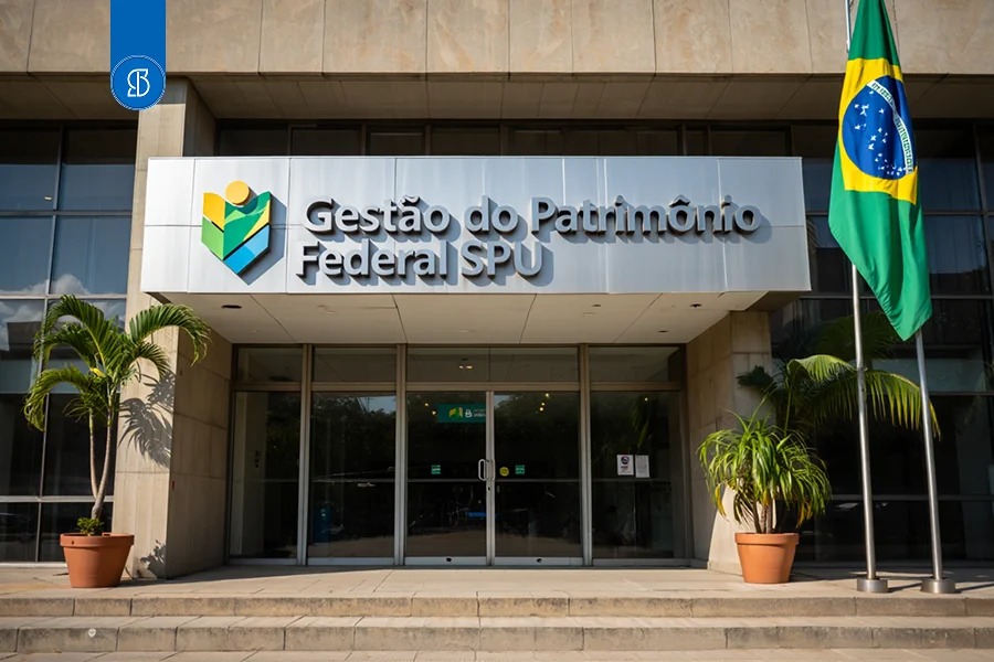 Entrada de prédio público com o letreiro Gestão do Patrimônio Federal SPU e a bandeira do Brasil