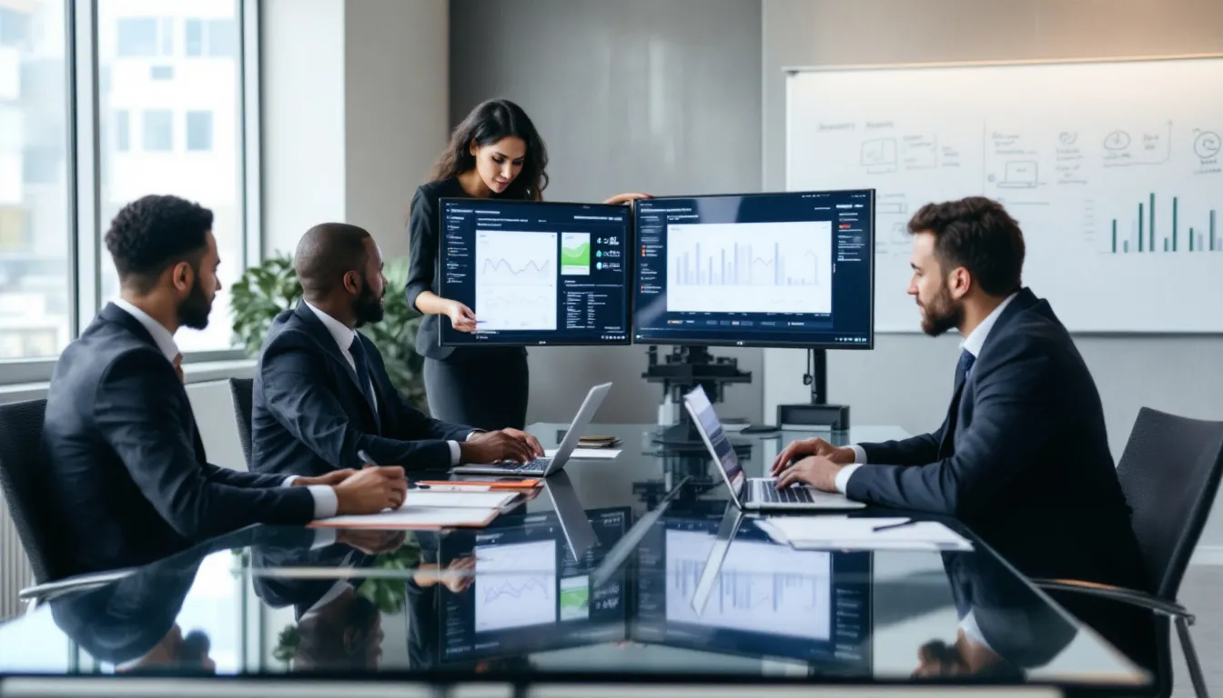 Uma equipe de negócios está revisando relatórios de estoque físico em um escritório moderno, analisando informações sobre mercadorias e matérias-primas para garantir a precisão na gestão do inventário. Eles discutem divergências e ajustes necessários para o balanço patrimonial e a escrituração contábil da empresa.