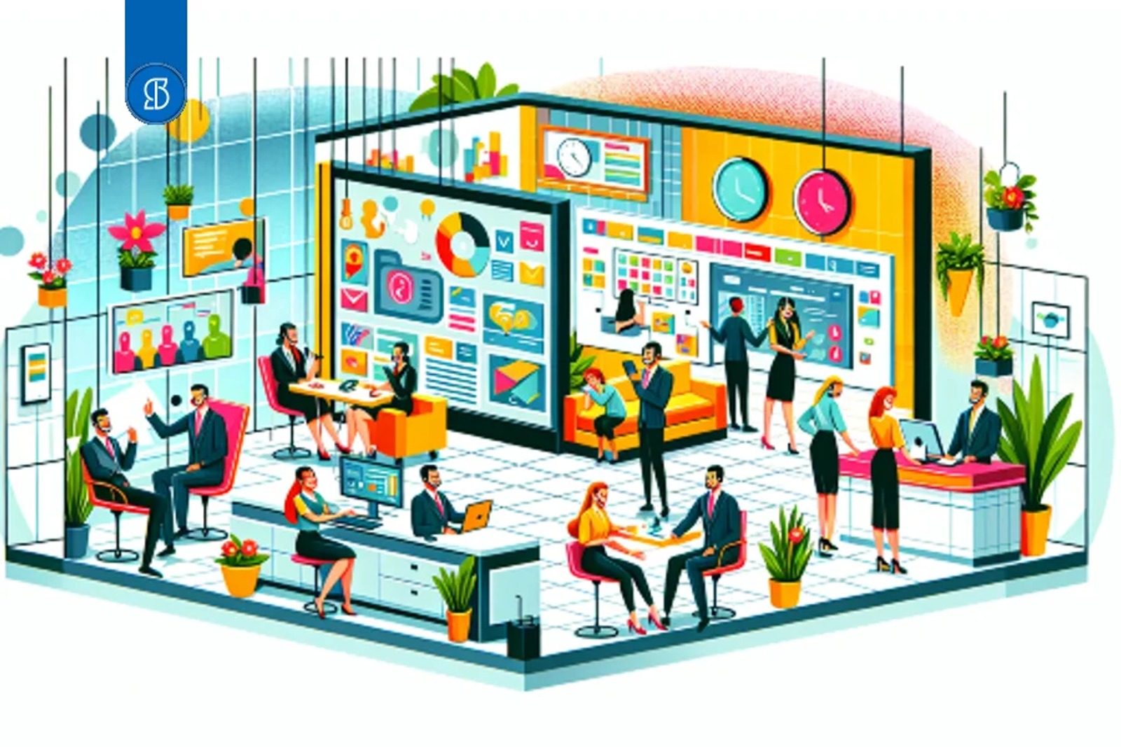 Ilustração isométrica de um escritório compartilhado com recepção, sala de reunião e estações de trabalho