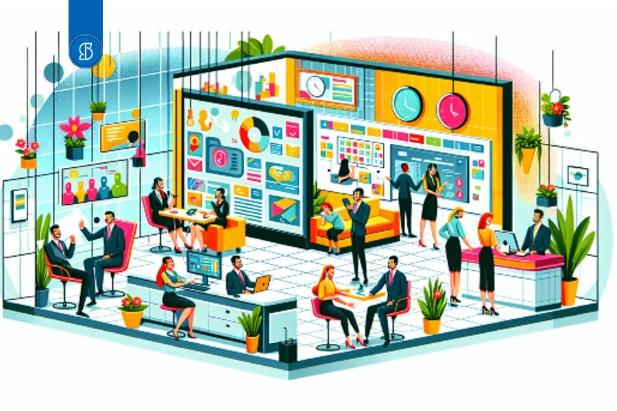 Ilustração isométrica de um escritório compartilhado com recepção, sala de reunião e estações de trabalho