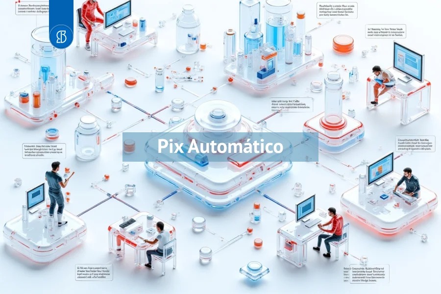 Infográfico isométrico de pessoas e terminais conectados, com a inscrição Pix Automático