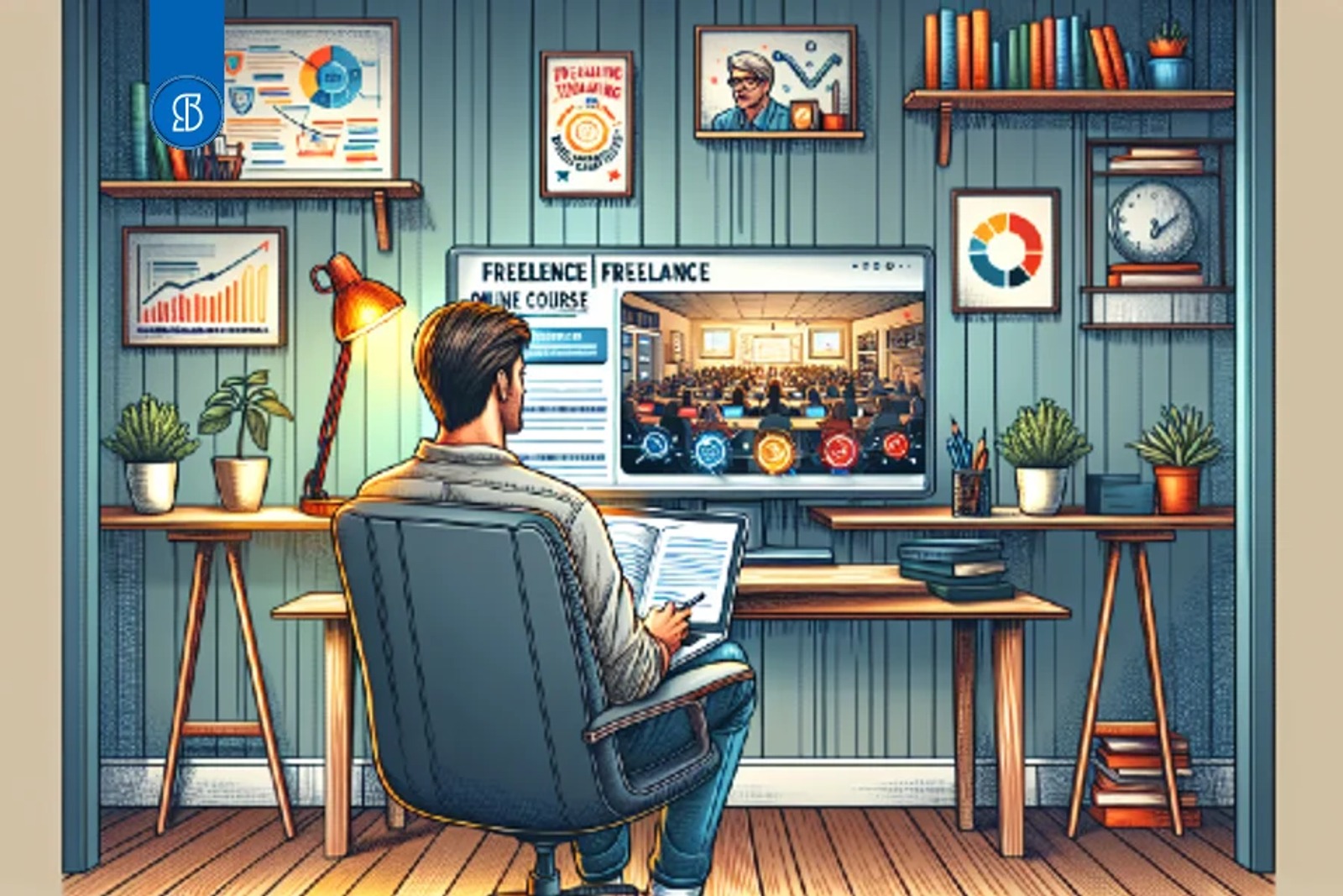 Ilustração de um homem sentado de costas assistindo a uma aula numa tela, em sala com prateleiras e quadros