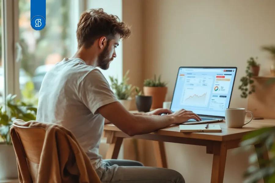 Homem jovem de camiseta branca usando notebook numa mesa de madeira junto à janela
