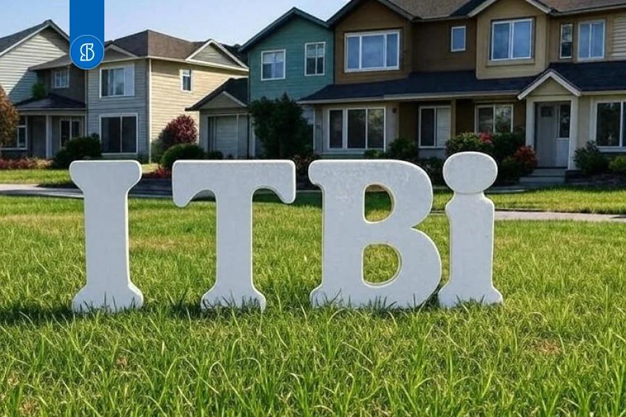 Letras brancas formando ITBI sobre um gramado, diante de casas de dois andares