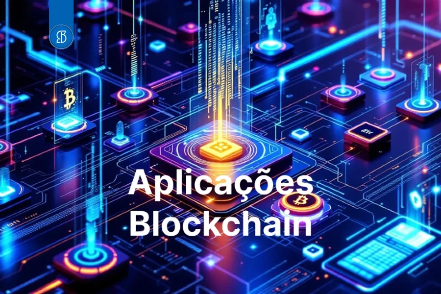 Arte com as palavras Aplicações Blockchain sobre uma paisagem de circuitos com símbolos de Bitcoin