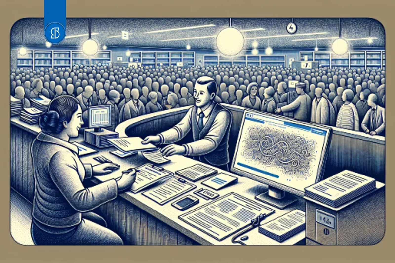 Ilustração em azul de um atendente entregando um documento a uma pessoa num balcão de repartição lotada