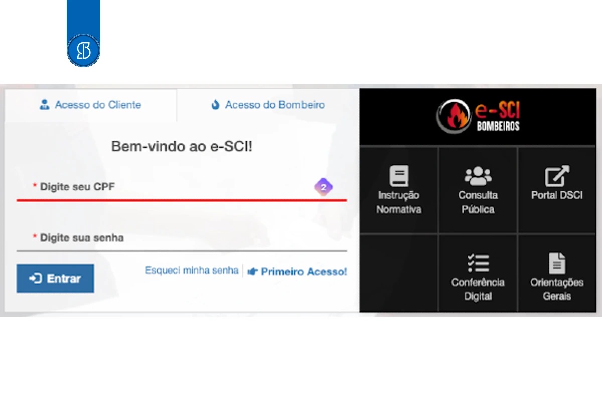 Tela de login do e-SCI com os campos de CPF e senha e o menu do Corpo de Bombeiros de Santa Catarina