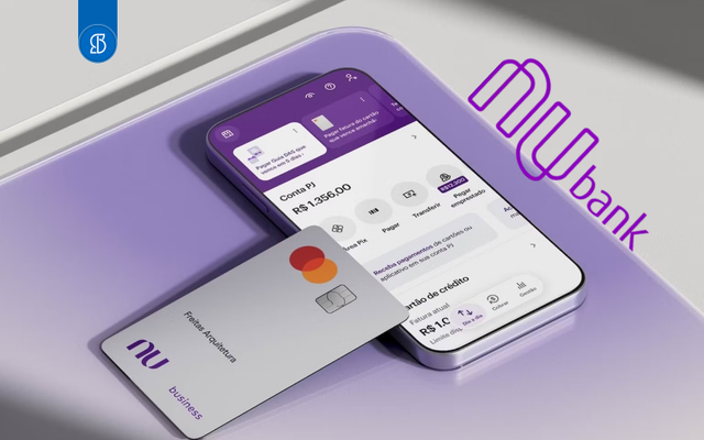 Ilustração de cartão de crédito com celular e app do Nubank