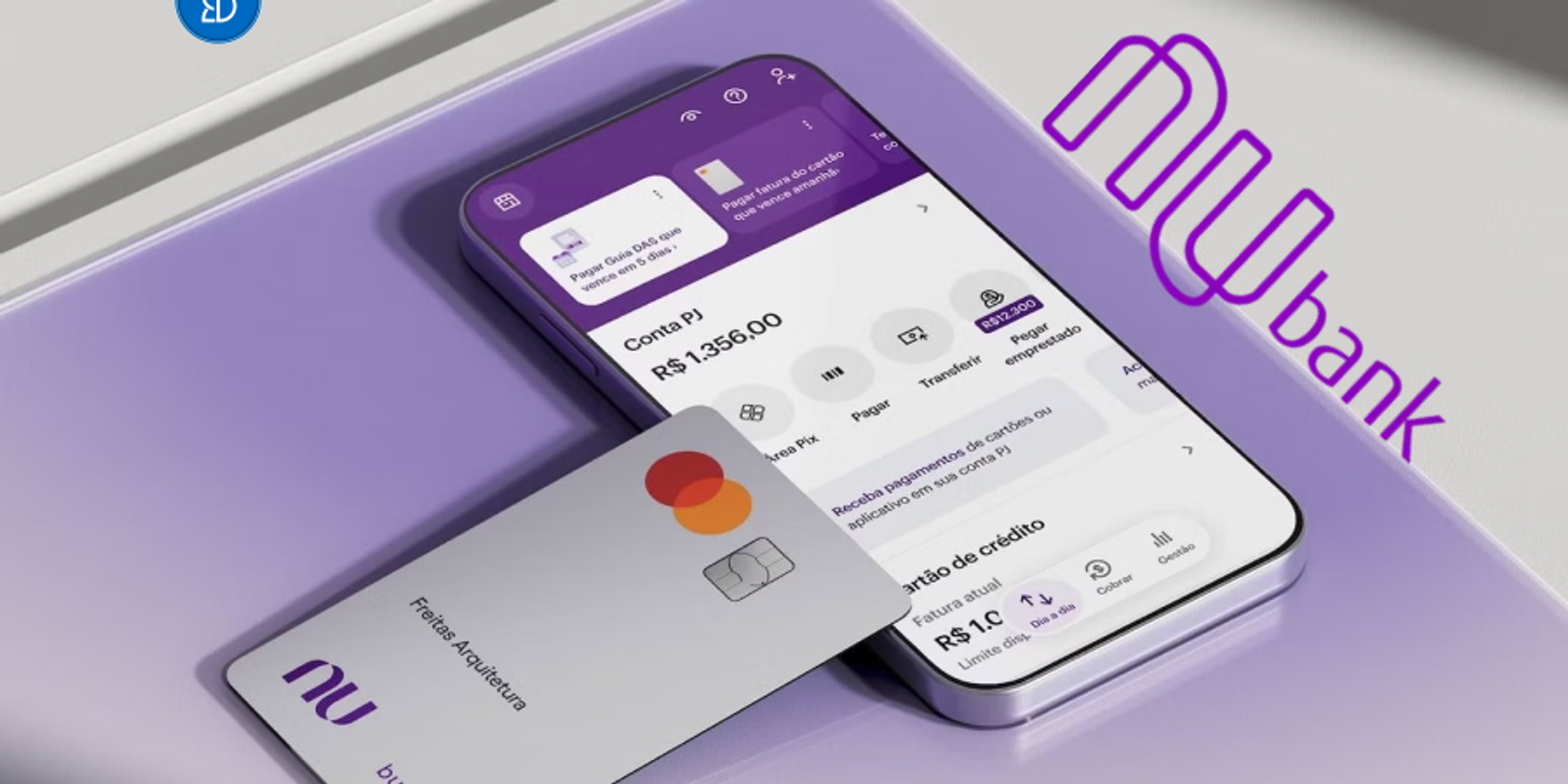 Ilustração de cartão de crédito com celular e app do Nubank