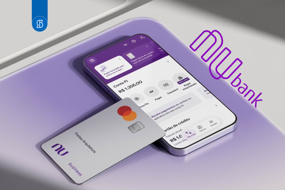 Ilustração de cartão de crédito com celular e app do Nubank