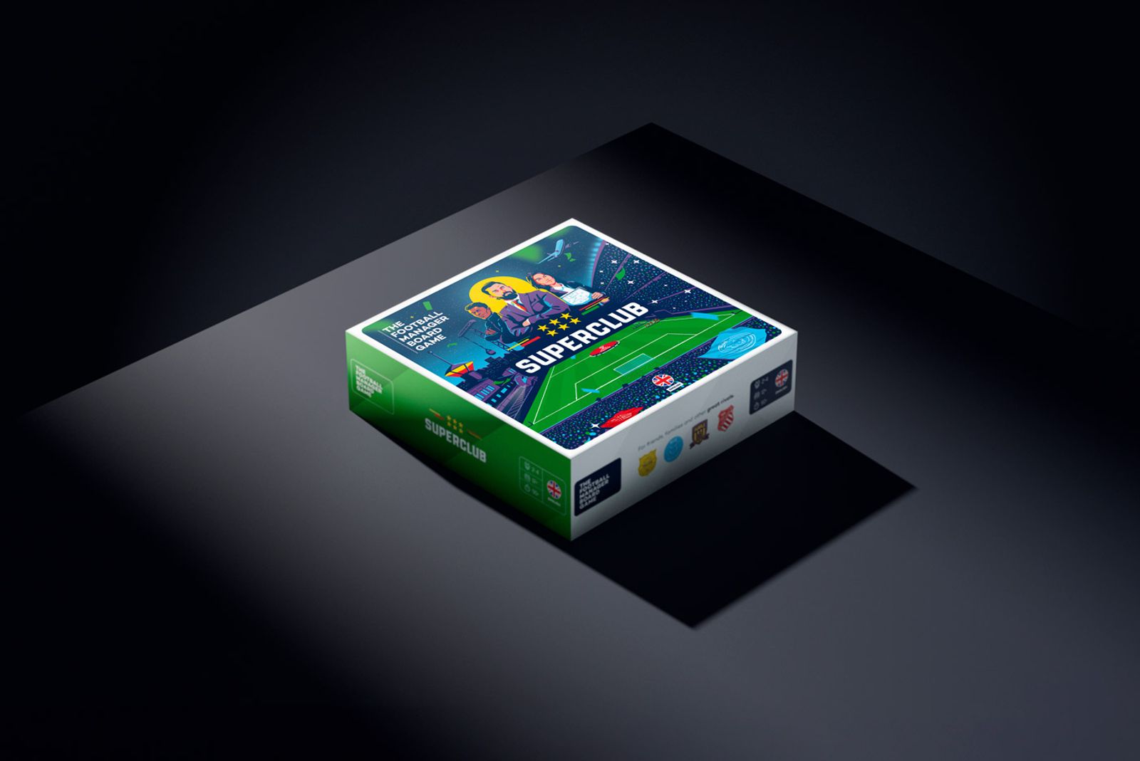 Superclub board game box on a black table