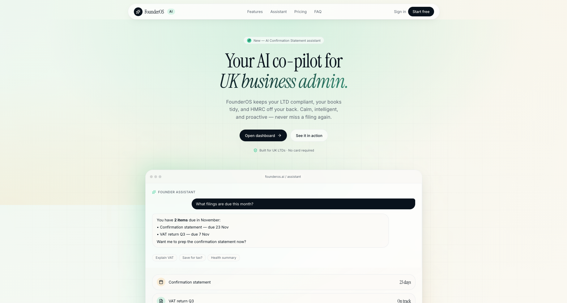 FounderOS dashboard showing an AI business assistant, compliance deadlines, financial insights and company health information.