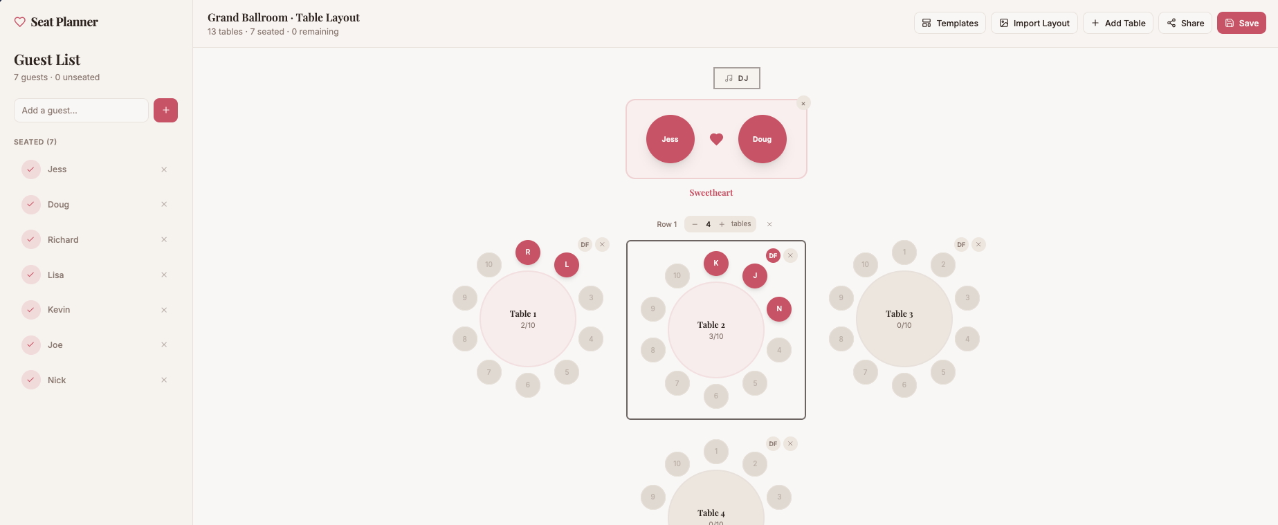 Seat Wizards event seating planner with guest management and interactive table arrangements.