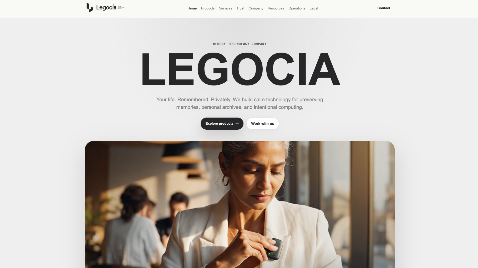 Legocia technology company homepage presenting its vision for integrated hardware, software and intelligent systems.