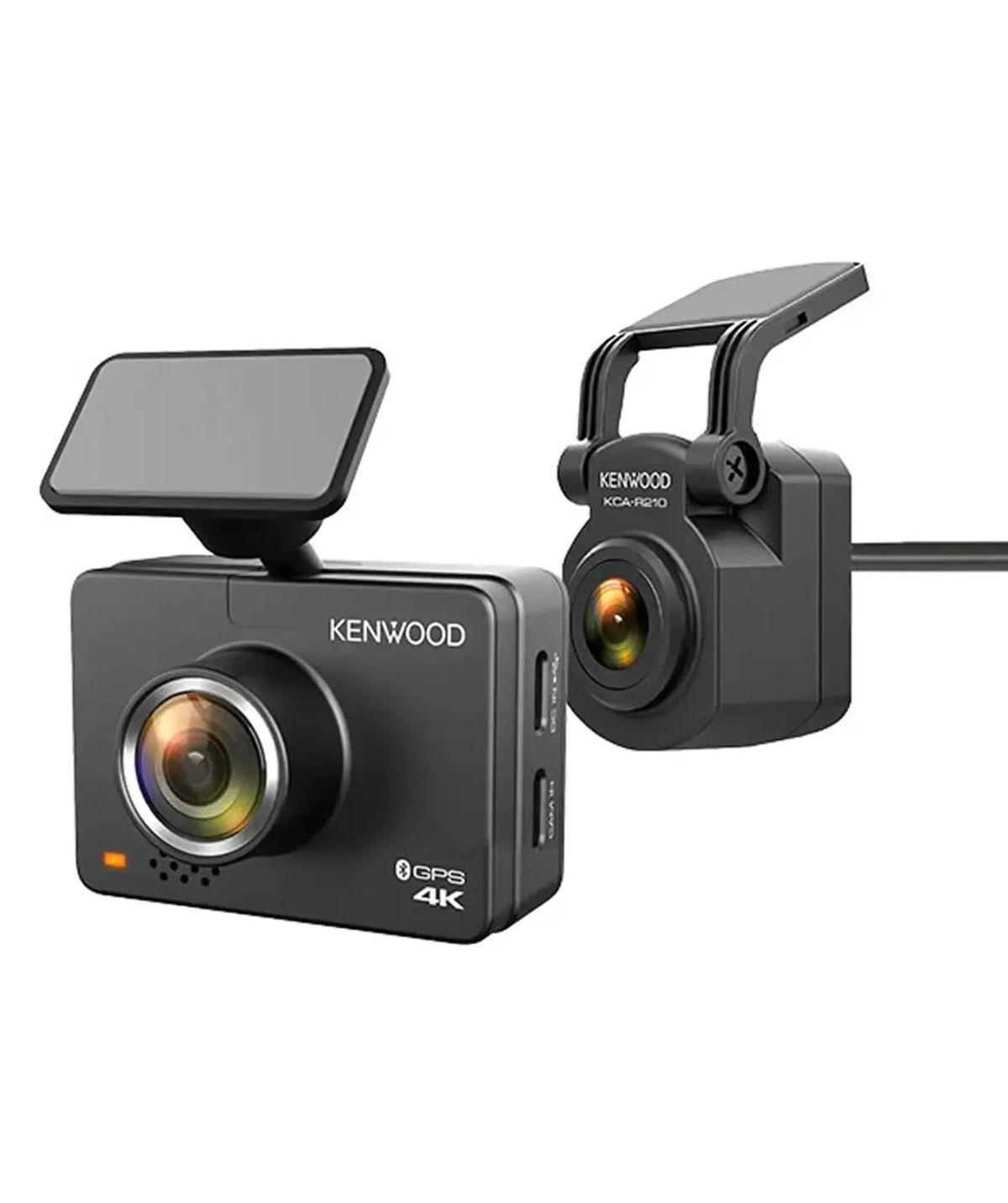 Kenwood 4K dual dash cam front unit shown with its rear camera