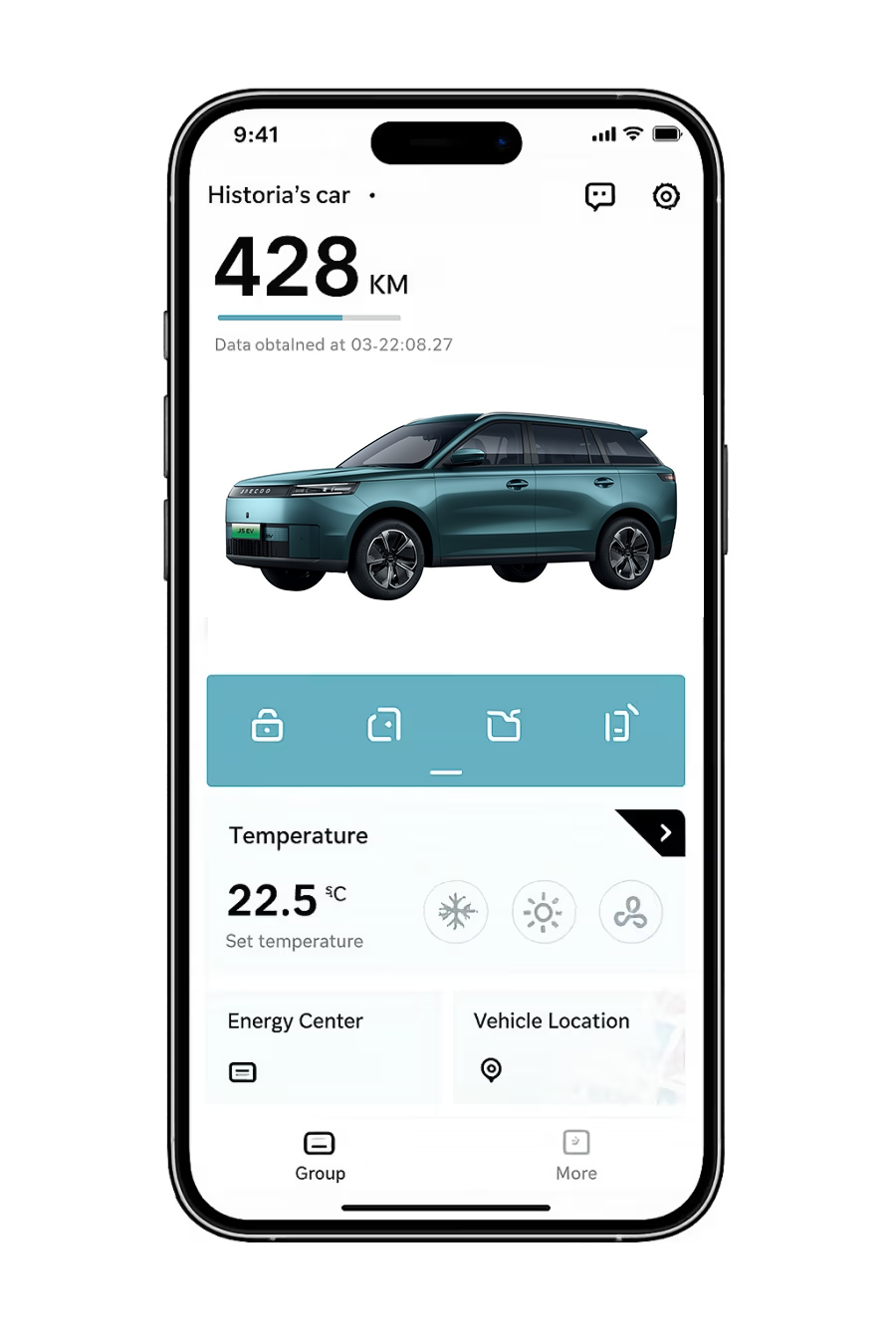App screen showing vehicle status and controls