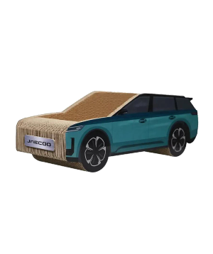 Car-shaped JAECOO cat scratcher in corrugated card, front three-quarter view