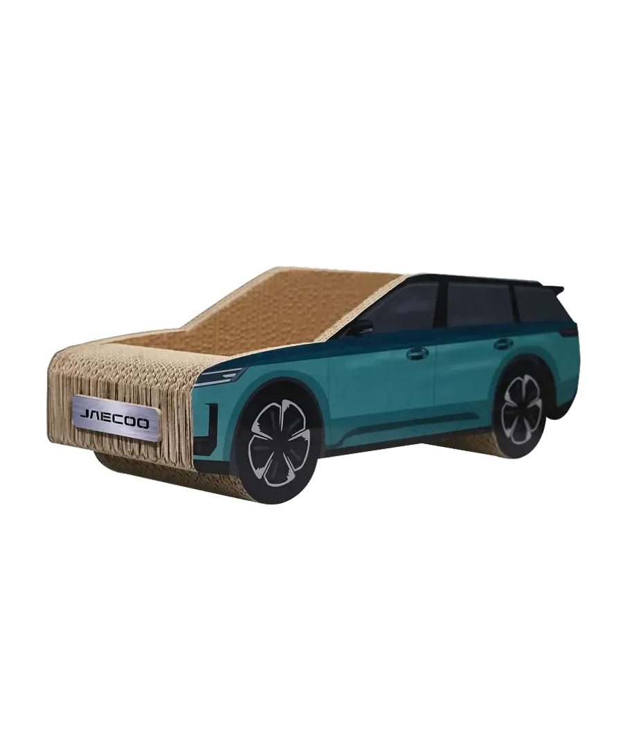 Car-shaped JAECOO cat scratcher in corrugated card, front three-quarter view