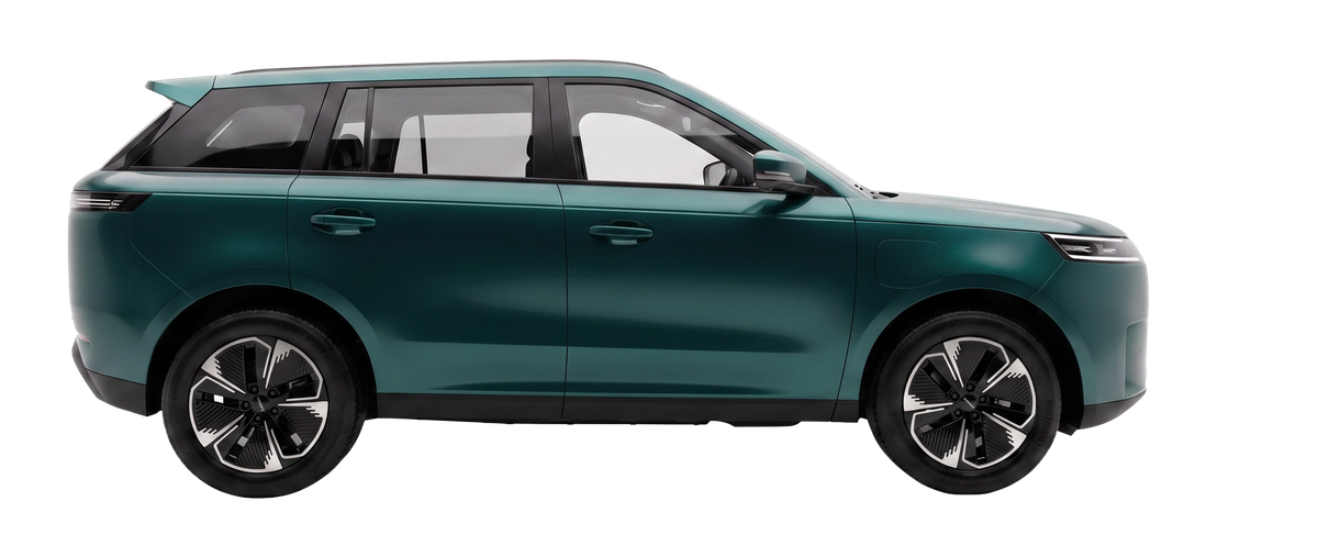 JAECOO E5 electric SUV in champagne silver, studio front three-quarter view