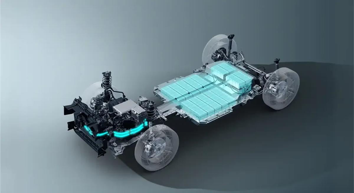 A cutaway view of an EV chassis showing the battery pack and drivetrain