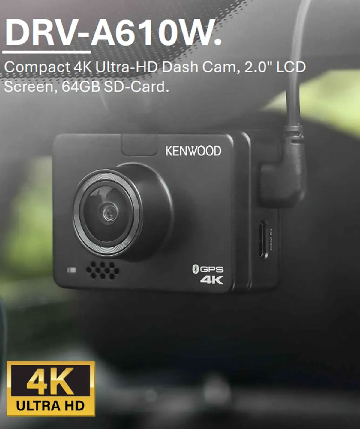 Kenwood DRV-A610W 4K Ultra-HD dash cam with a 2.0 inch LCD screen and 64GB SD card