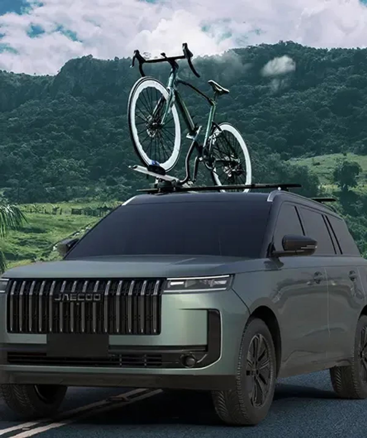 Bicycle carried on the roof of a JAECOO using the genuine roof bike carrier