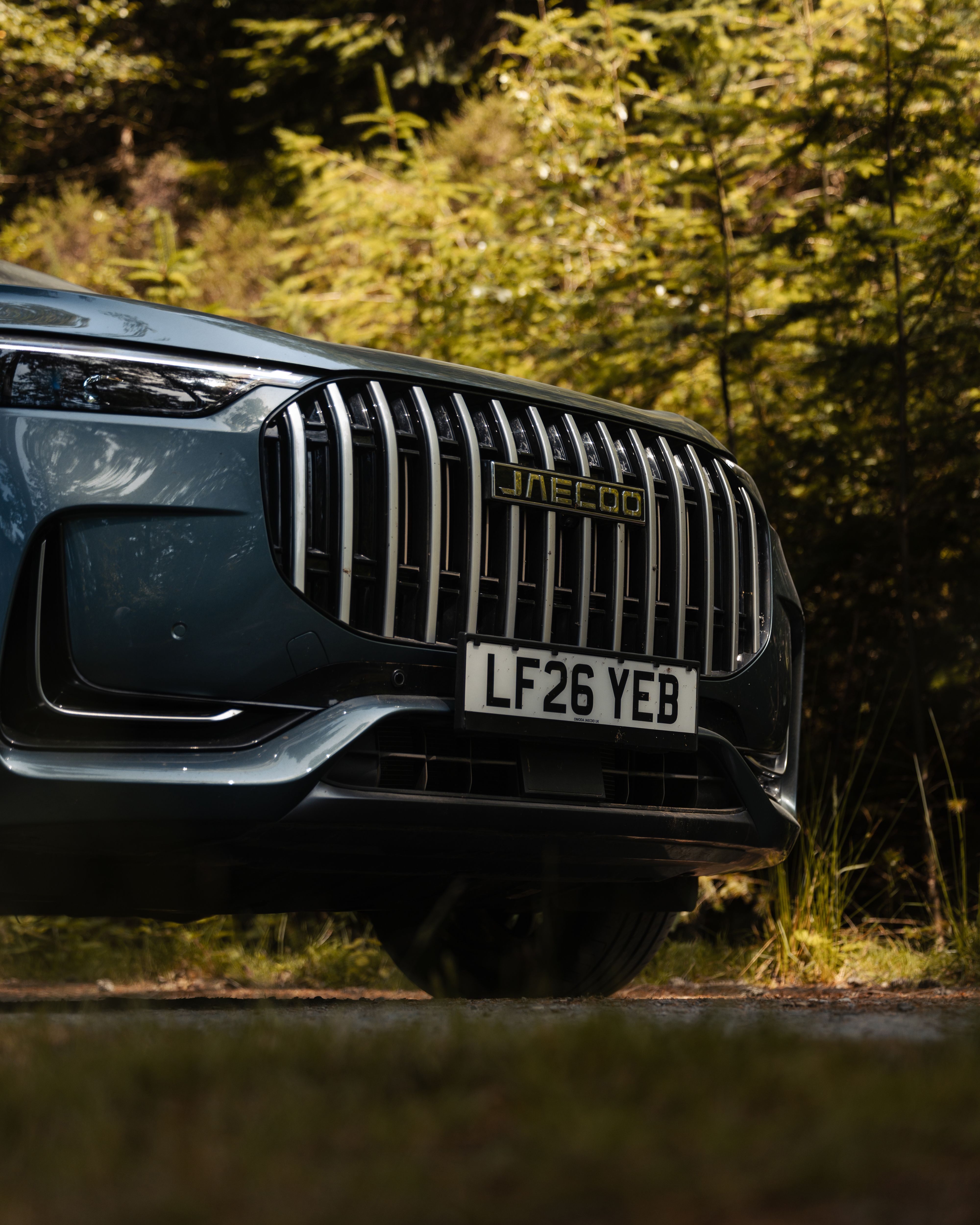JAECOO vertical grille close-up on a woodland track
