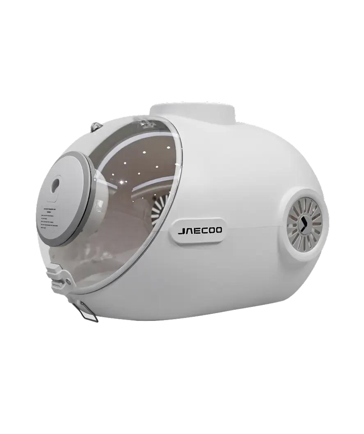 JAECOO Submarine travel cat box in white, with a round window and side vent
